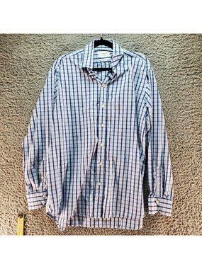 Ledbury Shirt Mens XL 17.5 Classic Fit Blue & White Plaid Button-Up Dress Shirt